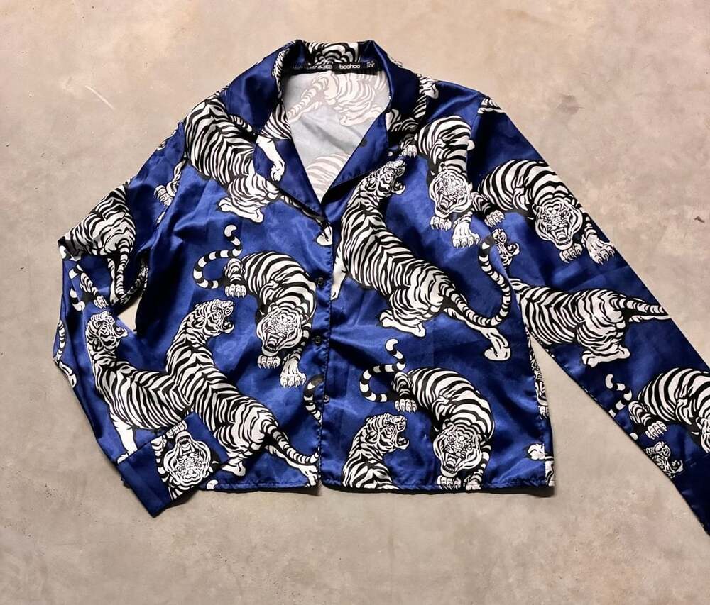 Boohoo Blue Tiger Print Satin Shirt US 12